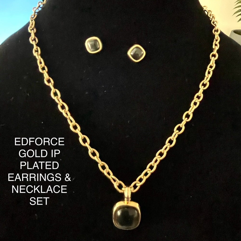 EDFORCE IP GOLD PLATED CHAIN BLACK PENDANT NECKLACE EARRINGS SET STAINLESS STEEL